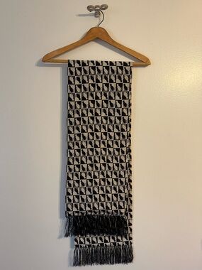 Vintage Black and Cream Cat Print Silky Dinner Scarf with Fringe.